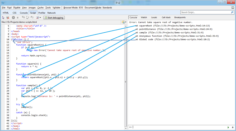 屏幕截图中的 F12 开发人员工具显示了一个由调用 console.log(e.stack) 记录的堆栈跟踪，其中 e 是传递至 try/catch 数据块中 catch 子句的错误对象。